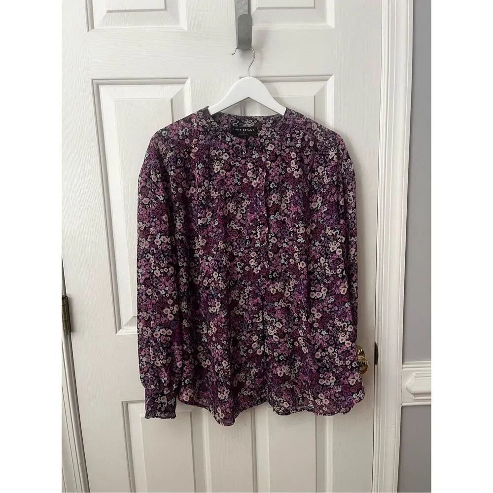 Lane Bryant Purple Floral Asymmetrical Button Down Collarless Blouse sz 18 NWOT